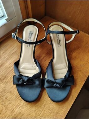Badgley Mischka Black Satin Bow Ankle-Strap Heels